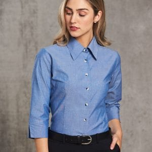 Ladies' wrinkle free chambray shirt 3/4 sleeve
