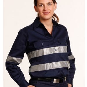 Ladies HiVis Cotton Drill Long Sleeves Work Shirt with 3M Reflective Taps